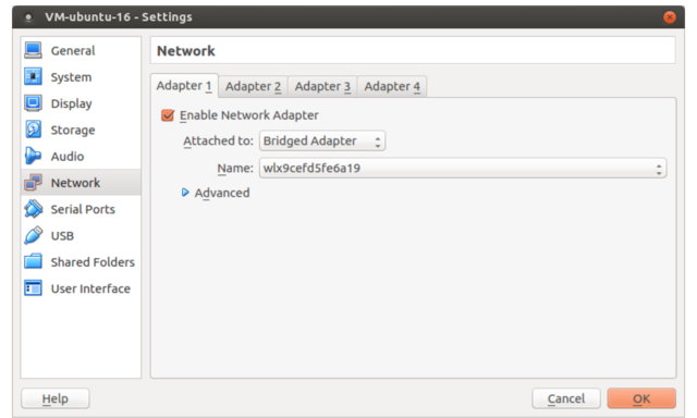The network tab of the Settings screen. You can determine what type of network interface - or interfaces - to use for your VM