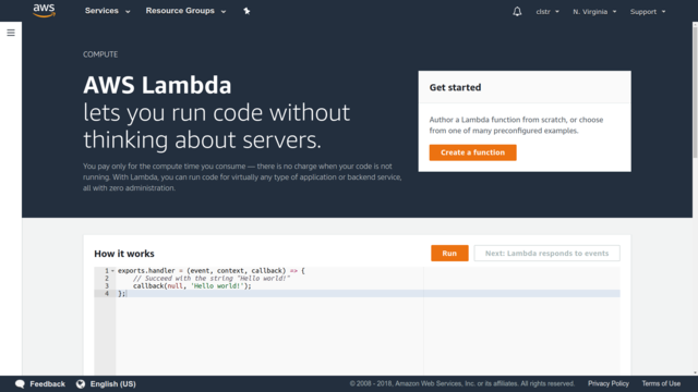 The AWS Lambda intro page. That Run button will actually fire up a live function