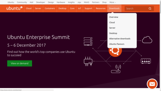 The Downloads drop-down on the home page of Ubuntu.com. Note the range of versions Ubuntu offers